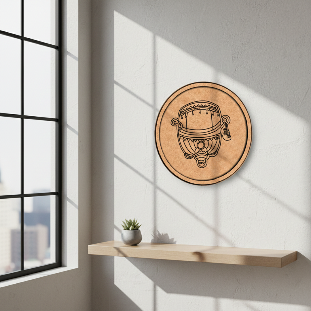 Bordered pre marked MDF round base with dhol design for DIY painting and craft projects hanging on wall