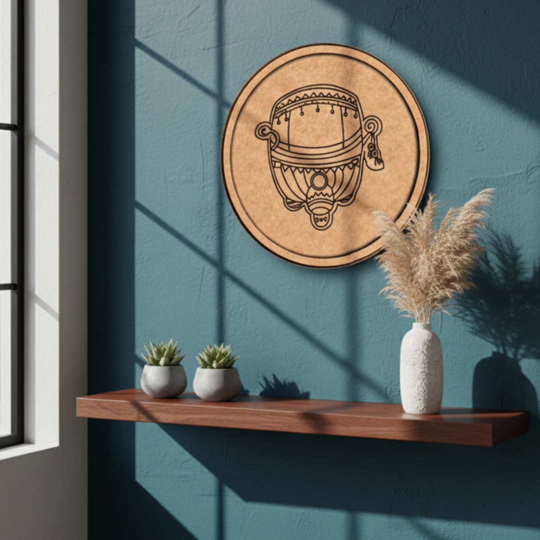 Bordered pre marked MDF round base with dhol design for DIY painting and craft projects hanging on wall