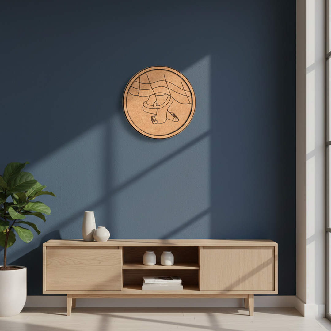 Bordered pre marked MDF round base with dancing feet design for DIY painting and craft projects hanging on a wall