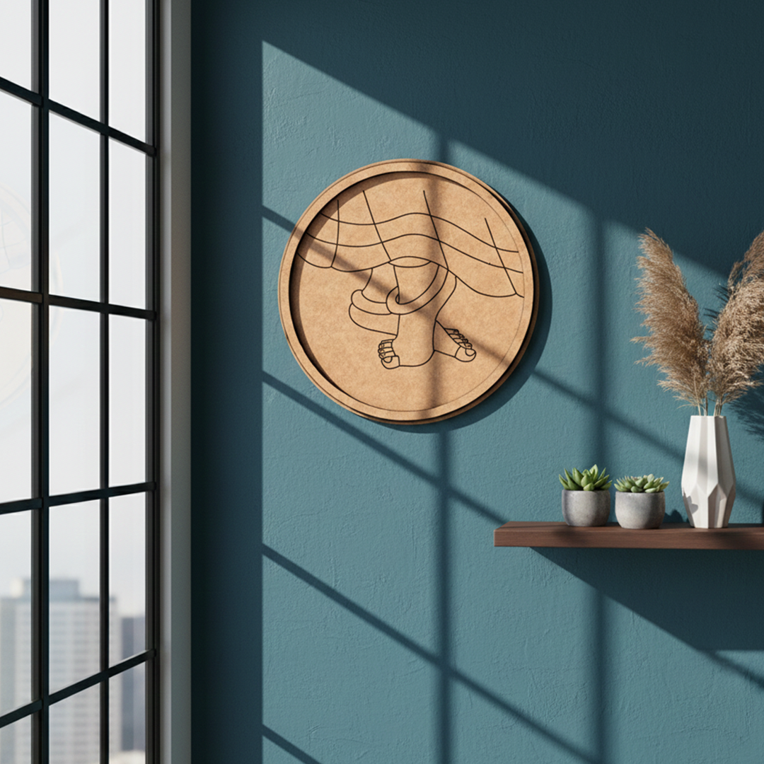 Bordered pre marked MDF round base with dancing feet design for DIY painting and craft projects hanging on a wall