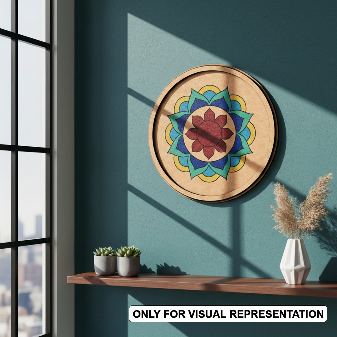 Bordered painted pre marked MDF round base with lotus mandala design for DIY painting and craft projects hanging on wall