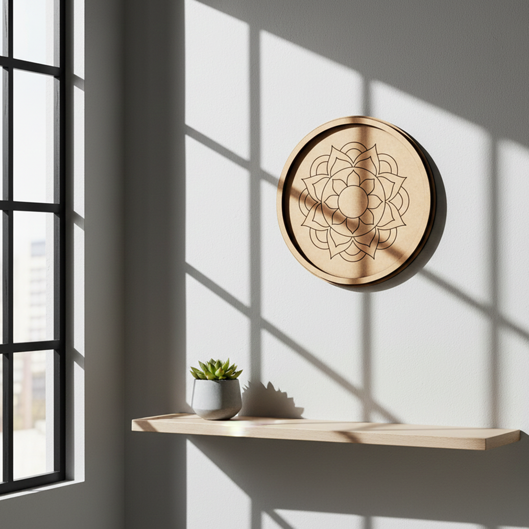 Bordered pre marked MDF round base with lotus mandala design for DIY painting and craft projects hanging on wall