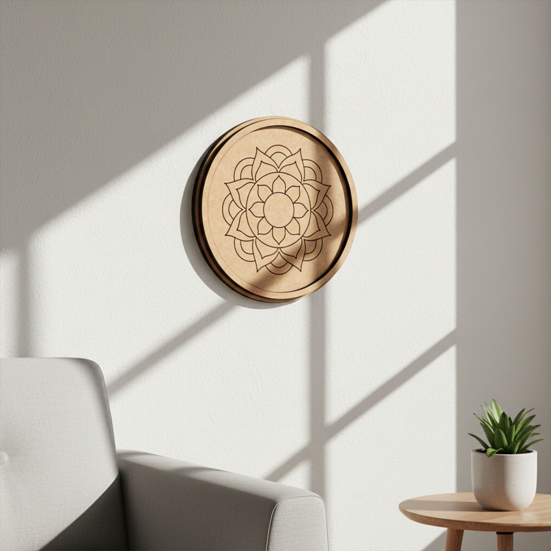 Bordered pre marked MDF round base with lotus mandala design for DIY painting and craft projects hanging on wall