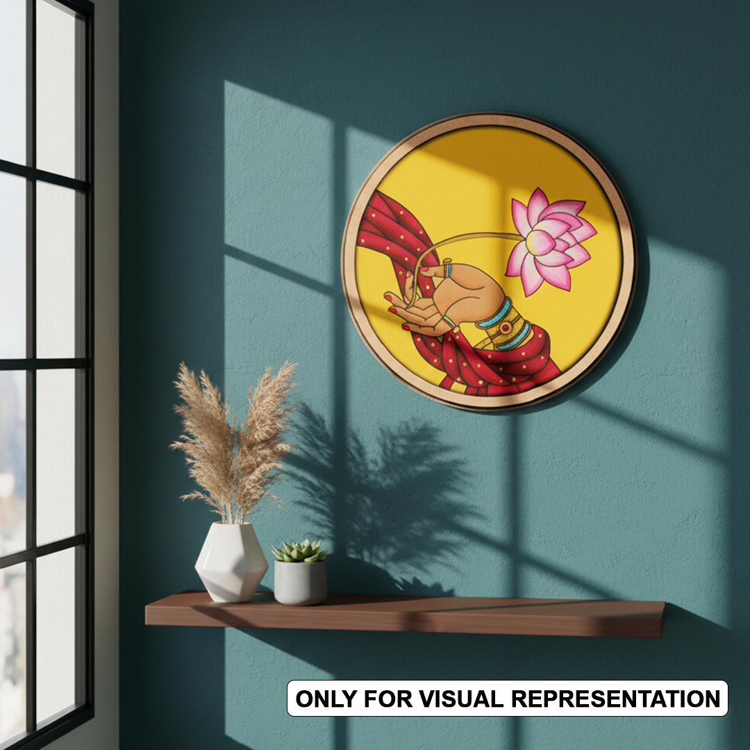 Bordered painted pre marked MDF round base with lotus offering hand design for DIY painting and craft projects hanging on a wall