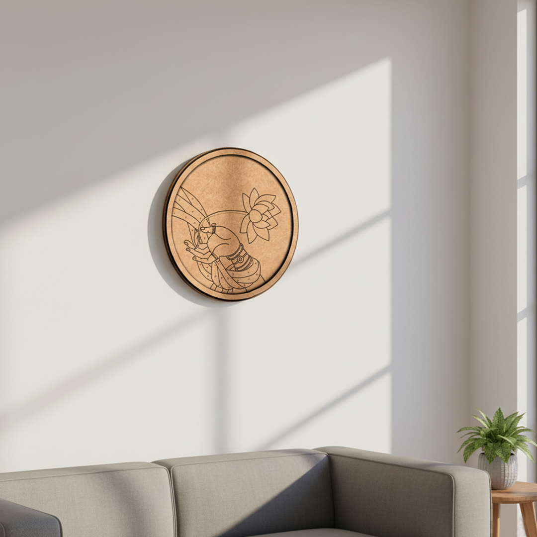 Bordered pre marked MDF round base with lotus offering hand design for DIY painting and craft projects hanging on a wall