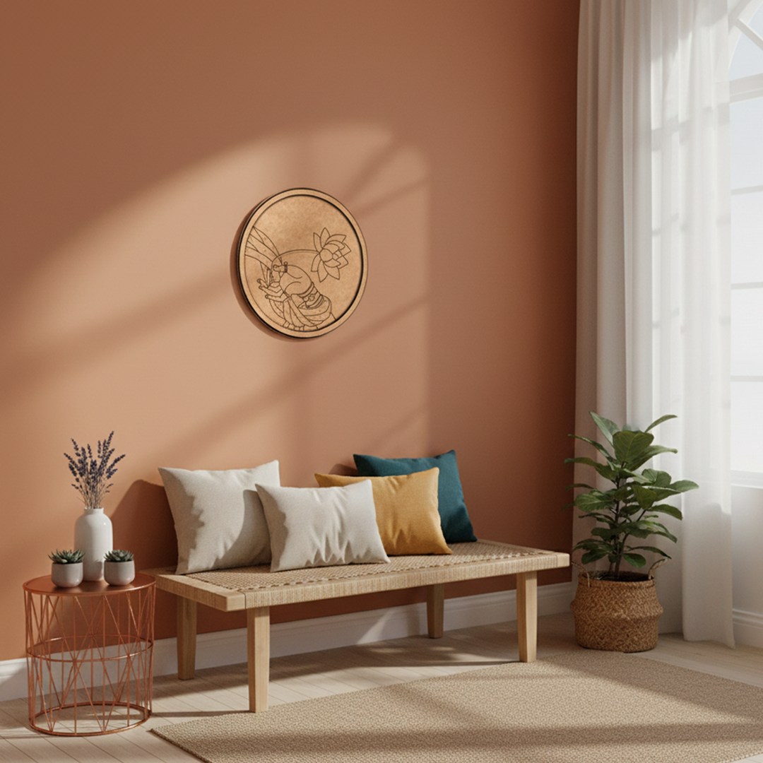 Bordered pre marked MDF round base with lotus offering hand design for DIY painting and craft projects hanging on a wall