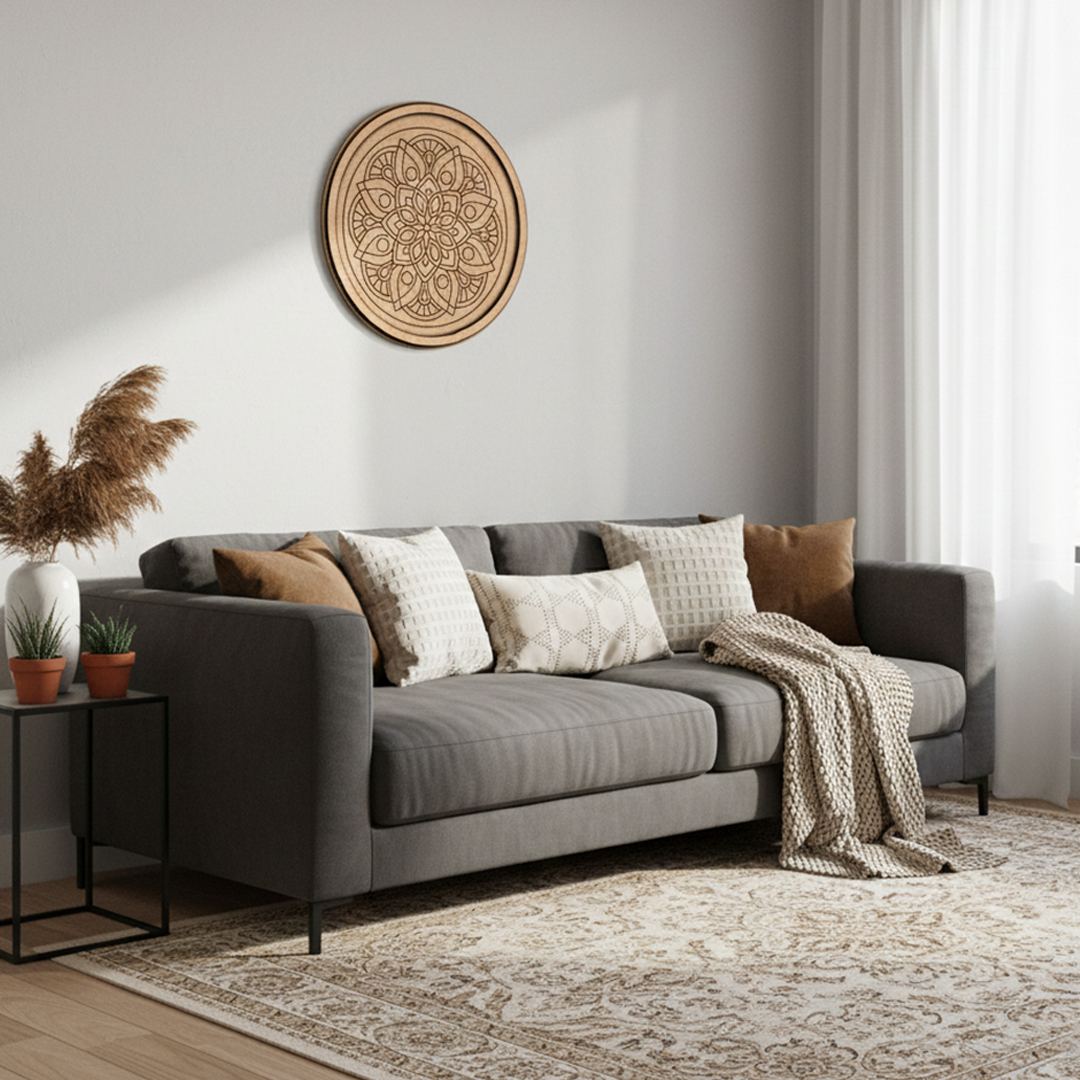 Bordered pre marked MDF round base with detailed mandala design for DIY painting and craft projects hanging on wall