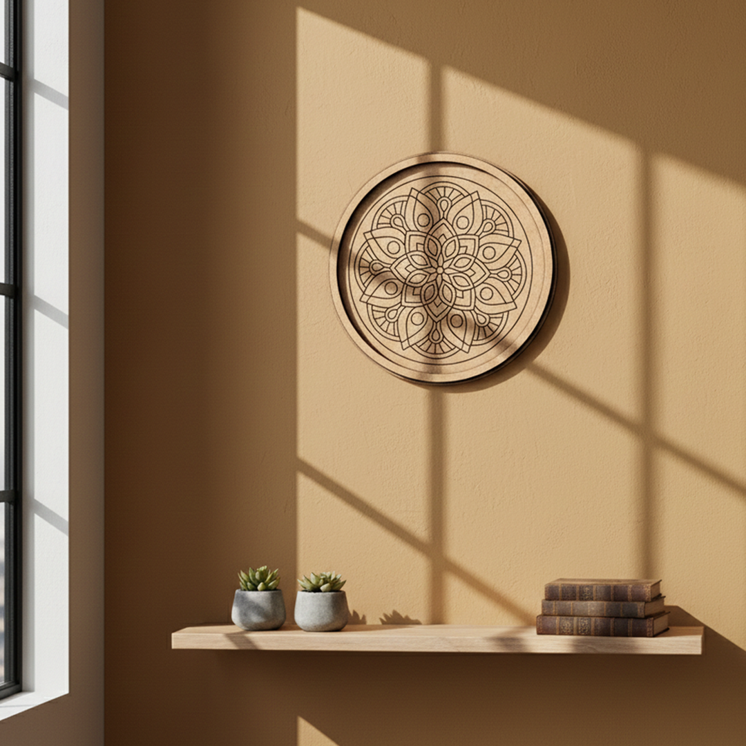 Bordered pre marked MDF round base with detailed mandala design for DIY painting and craft projects hanging on wall