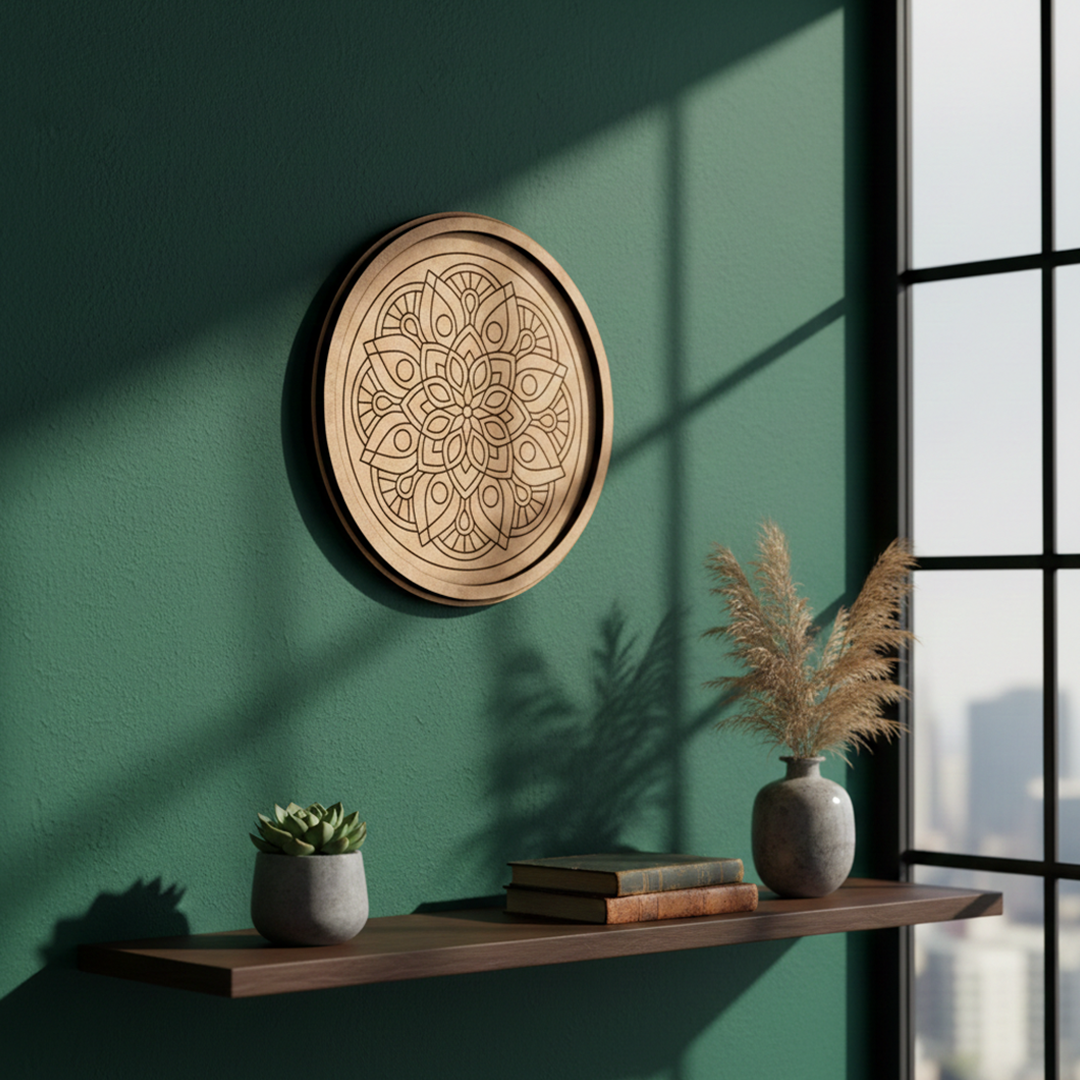 Bordered pre marked MDF round base with detailed mandala design for DIY painting and craft projects hanging on wall