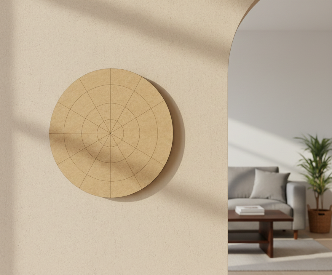Bordered pre marked MDF round base with dense radial grid for mandala and precision DIY art projects hanging on wall