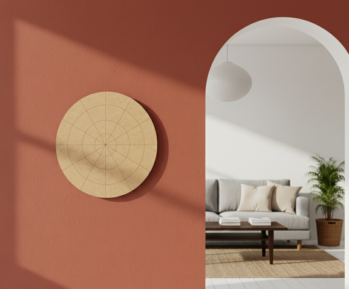 Bordered pre marked MDF round base with dense radial grid for mandala and precision DIY art projects hanging on wall