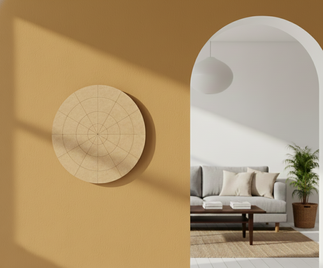 Bordered pre marked MDF round base with dense radial grid for mandala and precision DIY art projects hanging on wall