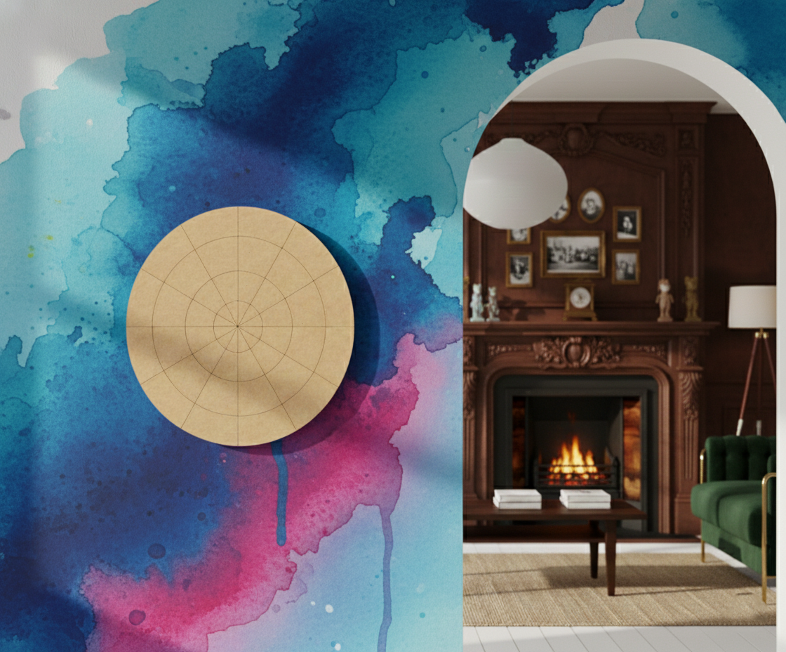 Bordered pre marked MDF round base with dense radial grid for mandala and precision DIY art projects hanging on wall