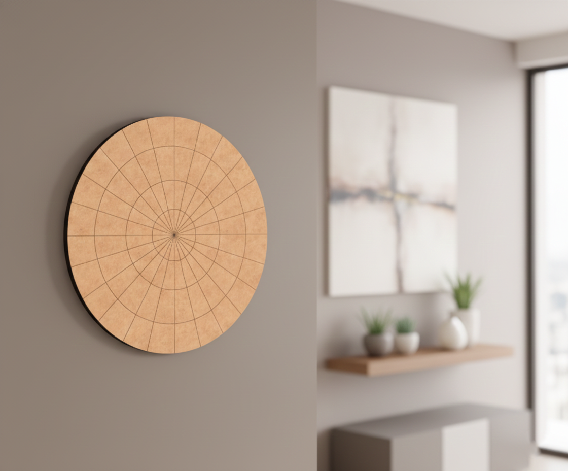 Bordered pre marked MDF round base with dense radial grid for mandala and precision DIY art projects hanging on wall