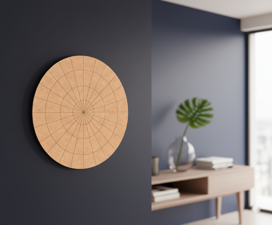 Bordered pre marked MDF round base with dense radial grid for mandala and precision DIY art projects hanging on wall