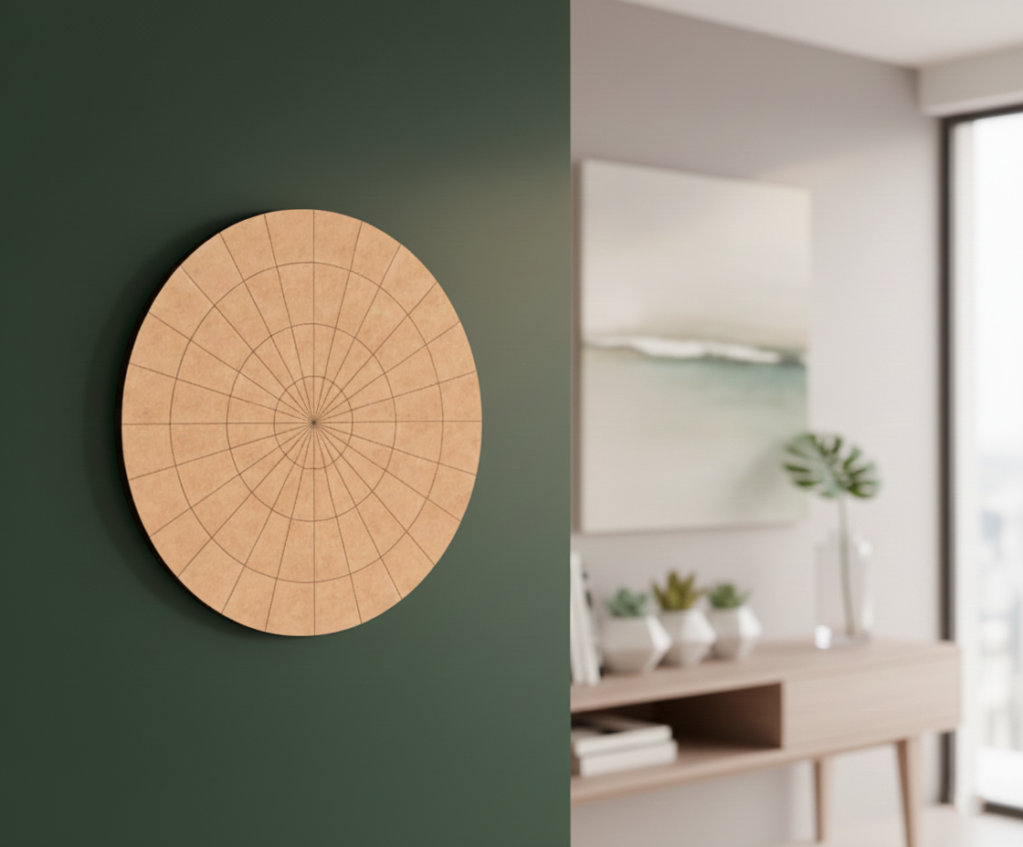 Bordered pre marked MDF round base with dense radial grid for mandala and precision DIY art projects hanging on wall