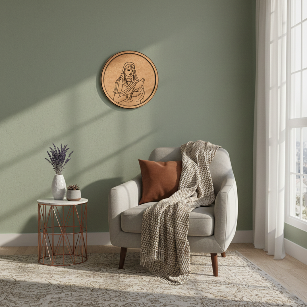 Bordered pre marked MDF round base with lady holding bird design for DIY painting and craft projects hanging on wall