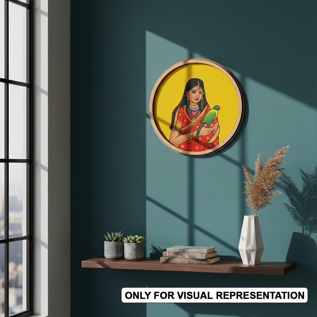 Bordered painted pre marked MDF round base with lady holding bird design for DIY painting and craft projects hanging on wall