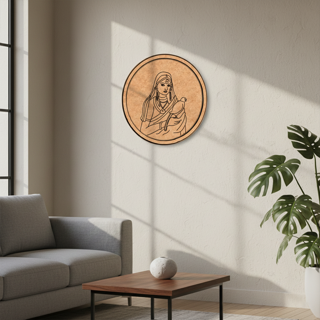 Bordered pre marked MDF round base with lady holding bird design for DIY painting and craft projects hanging on wall