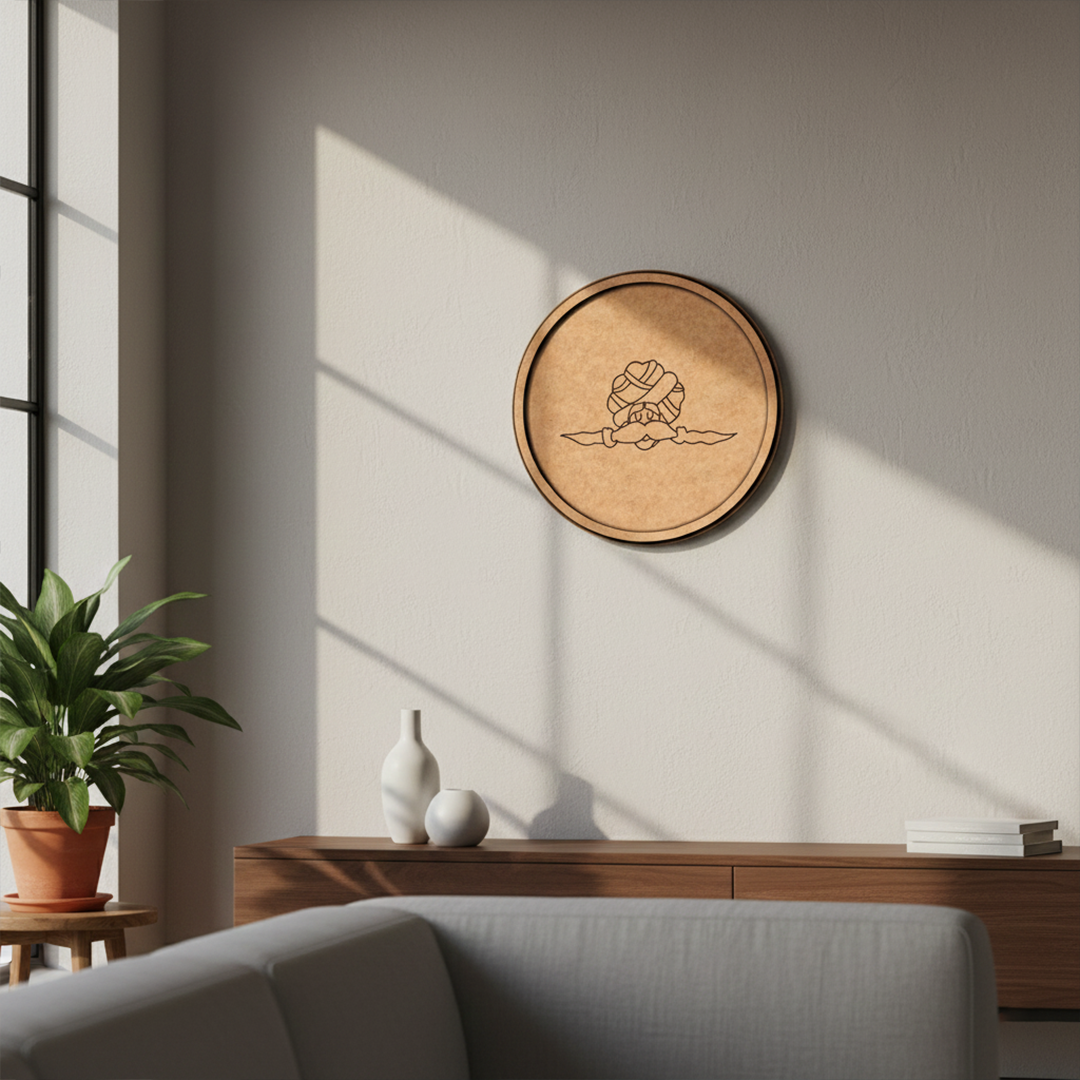 Bordered pre marked MDF round base with Rajasthani man folk art design for DIY painting and craft projects hanging on wall