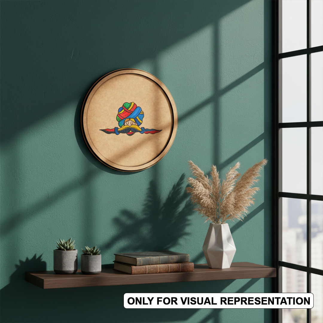 Bordered painted pre marked MDF round base with Rajasthani man folk art design for DIY painting and craft projects hanging on wall