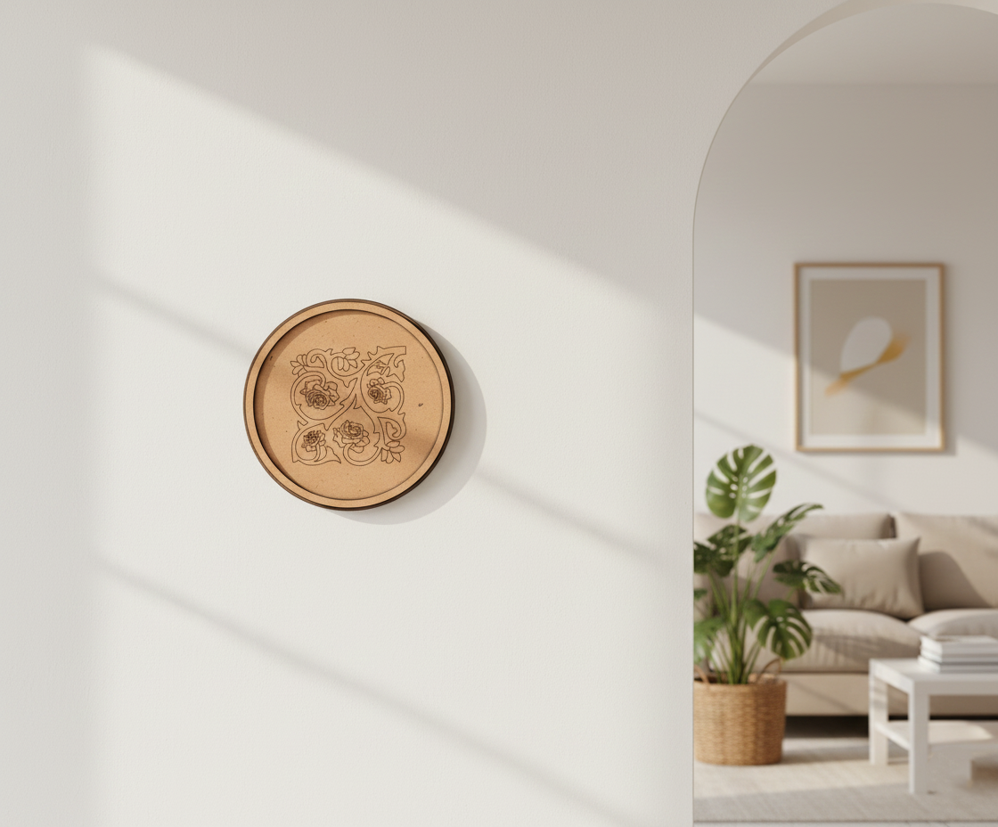 Bordered pre marked MDF round base with rose vine floral design for DIY painting and craft projects hanging on wall