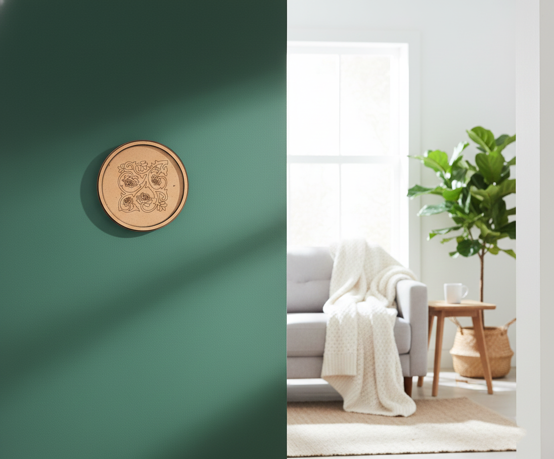 Bordered pre marked MDF round base with rose vine floral design for DIY painting and craft projects hanging on wall