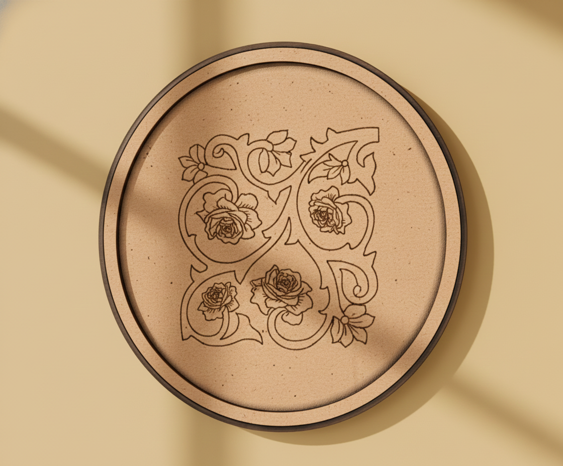 Bordered pre marked MDF round base with rose vine floral design for DIY painting and craft projects hanging on wall