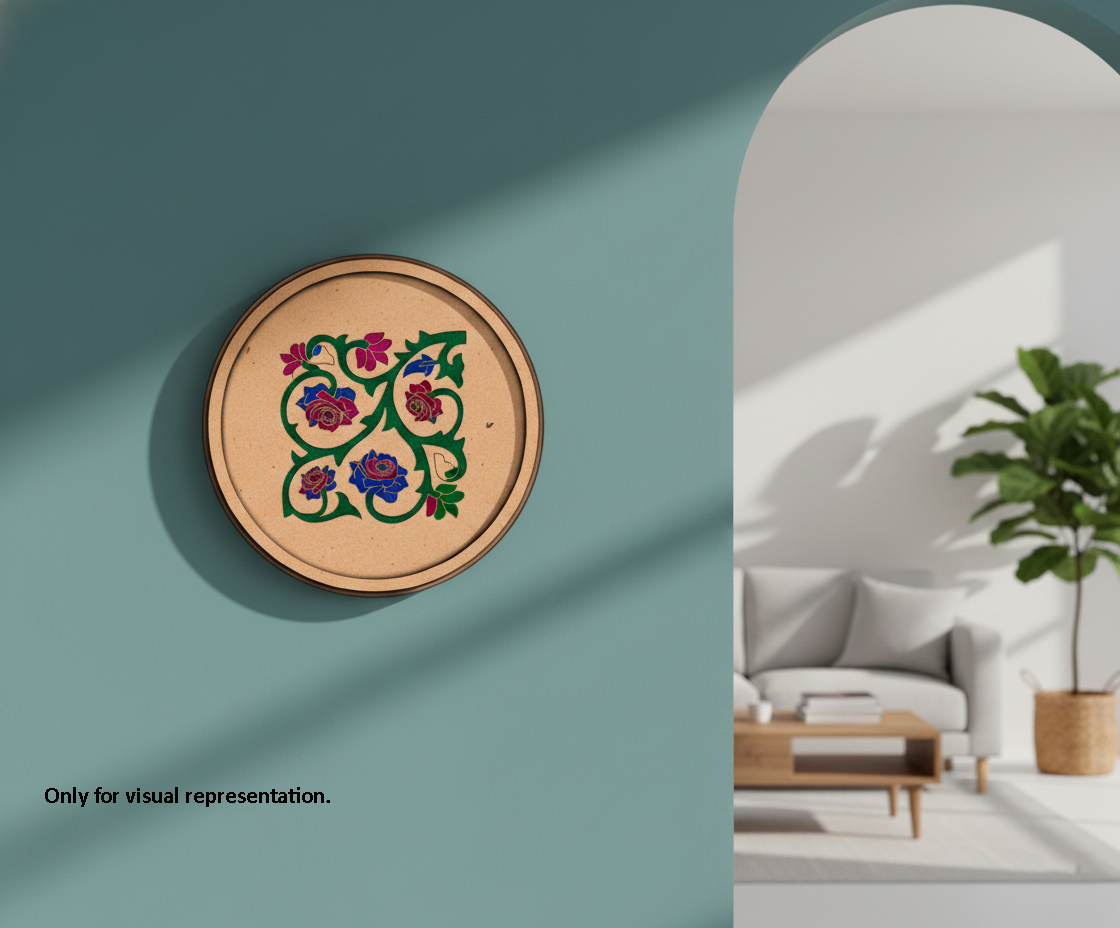 Bordered painted pre marked MDF round base with rose vine floral design for DIY painting and craft projects hanging on wall