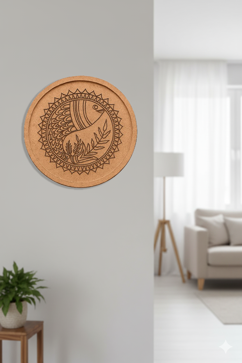 Round MDF wall art with fish design on grey wall