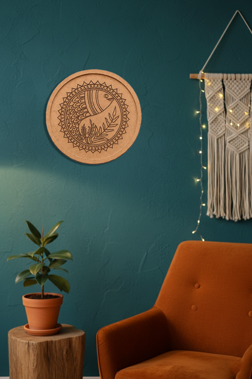 Engraved round fish motif wall art in modern living room