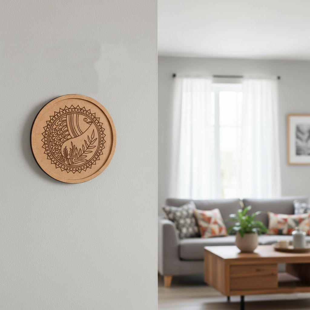 Engraved round fish motif wall art in modern living room