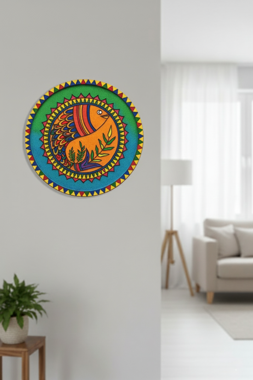 Colorful painted Madhubani fish design MDF wall art on grey wall
