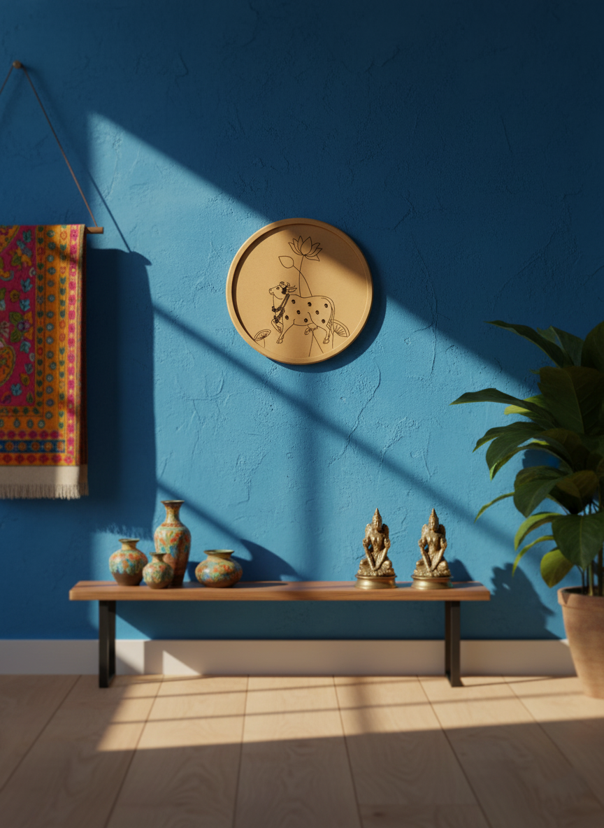 MDF round wall art with cow and lotus design on white wall near macrame décor.