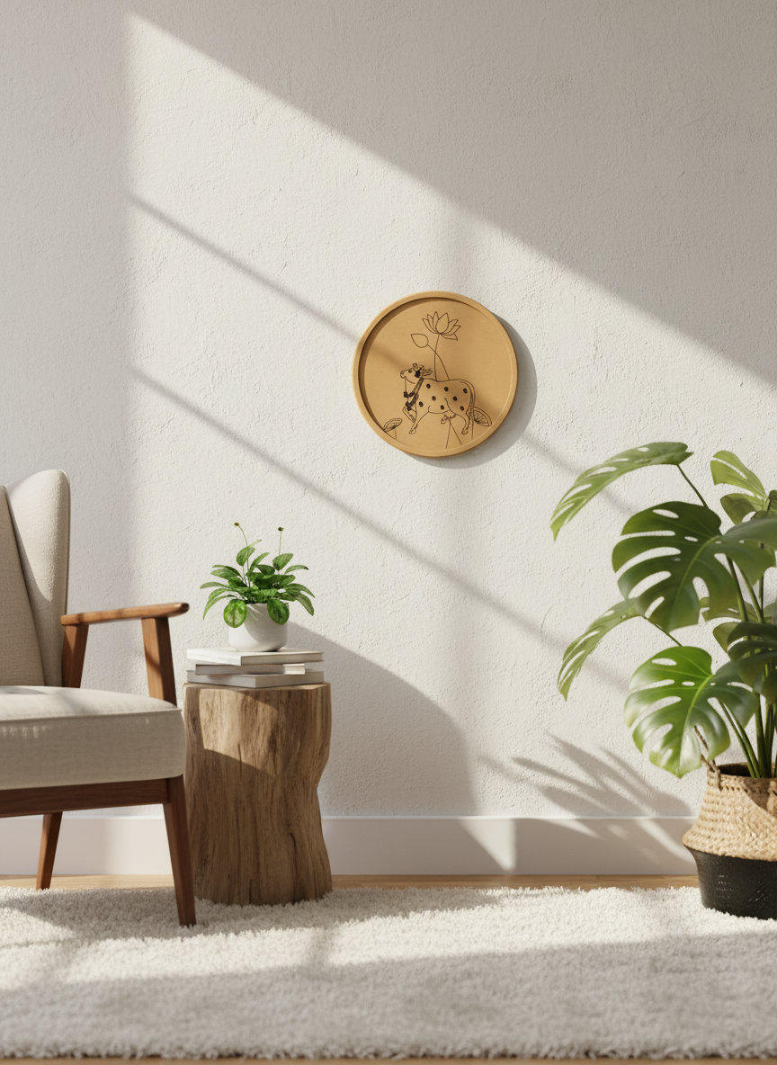 MDF cow and lotus wall décor on bright blue wall with traditional décor accents.
