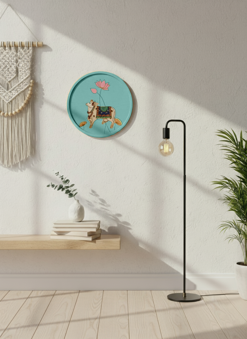 Hand-painted MDF cow and lotus wall art with blue background on white wall.