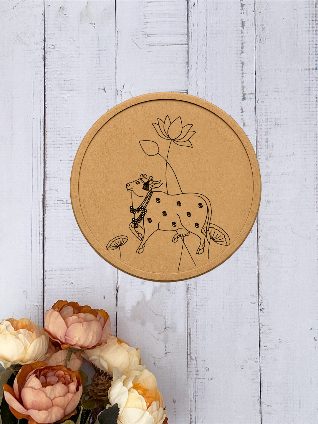  MDF cow and lotus wall art background on white wall.