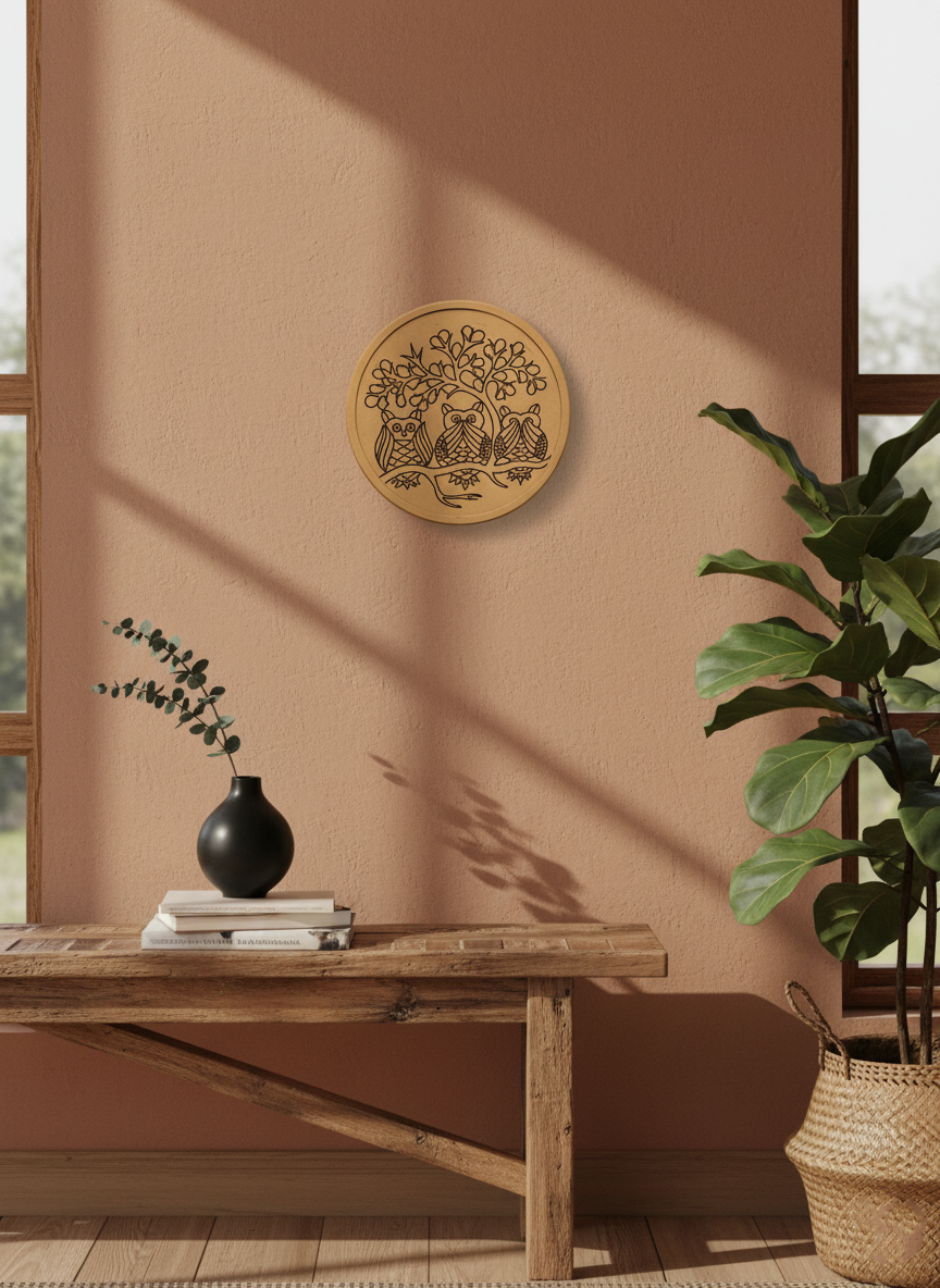 MDF round wall art with owl design on white wall near macrame décor.