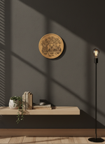 MDF owl design wall décor on dark gray wall above floating shelf.