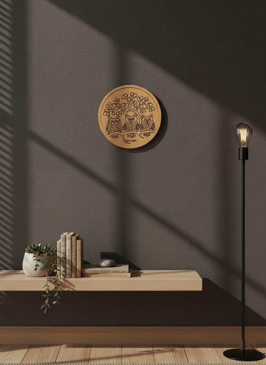 MDF owl design wall décor on dark gray wall above floating shelf.