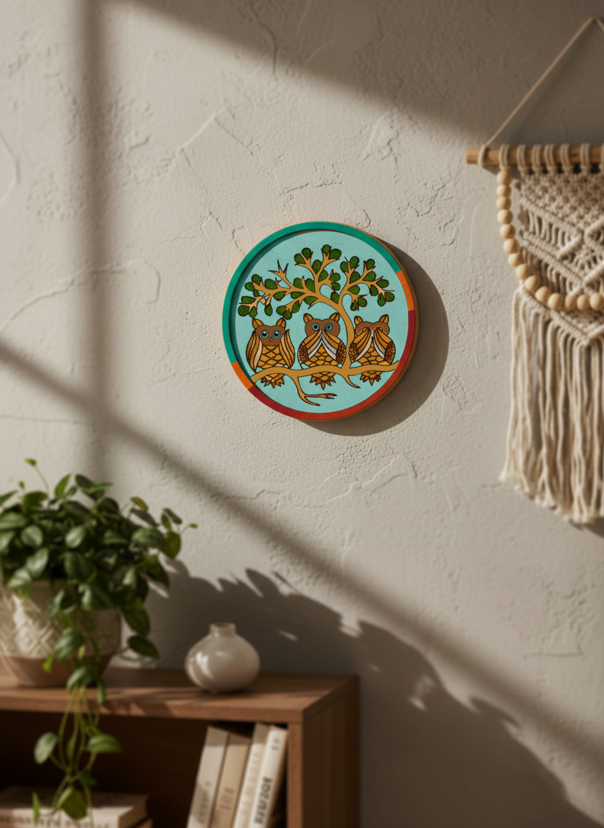 Hand-painted MDF owl wall art with colorful design on white wall.