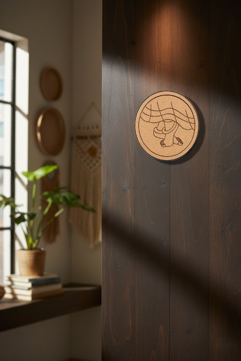 MDF round wall art with feet design on dark wooden wall near window and plants.