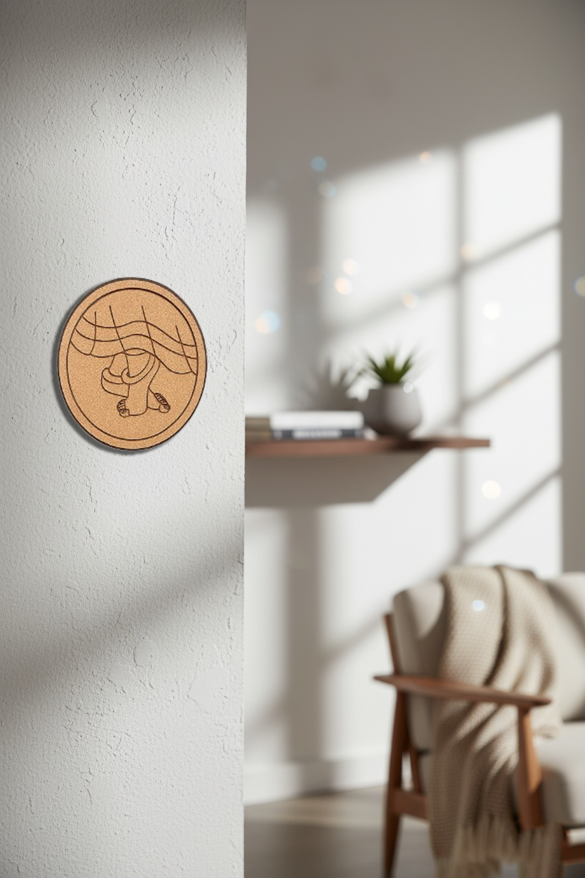 MDF feet design wall décor on light wall above wooden cabinet and books.