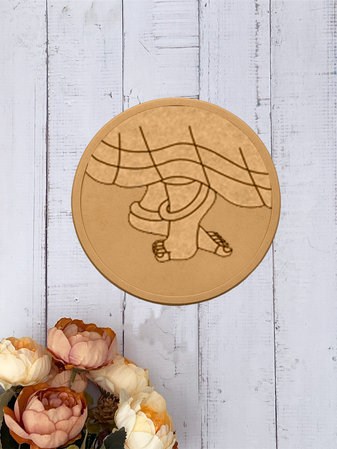 MDF round wall art with feet design on wooden wall 