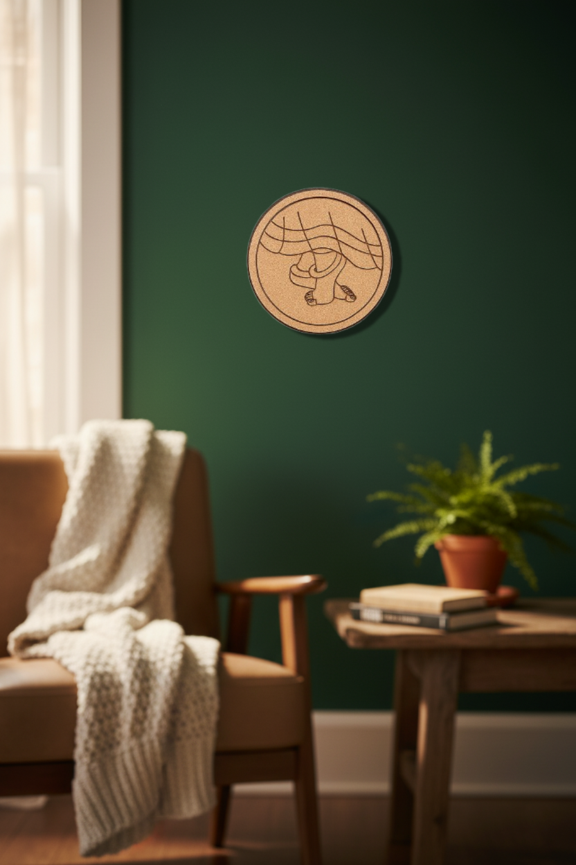 MDF feet wall art on dark green wall near wooden chair and indoor plant.