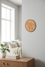 MDF feet design wall décor on white wall in bright cozy room with chair and books.