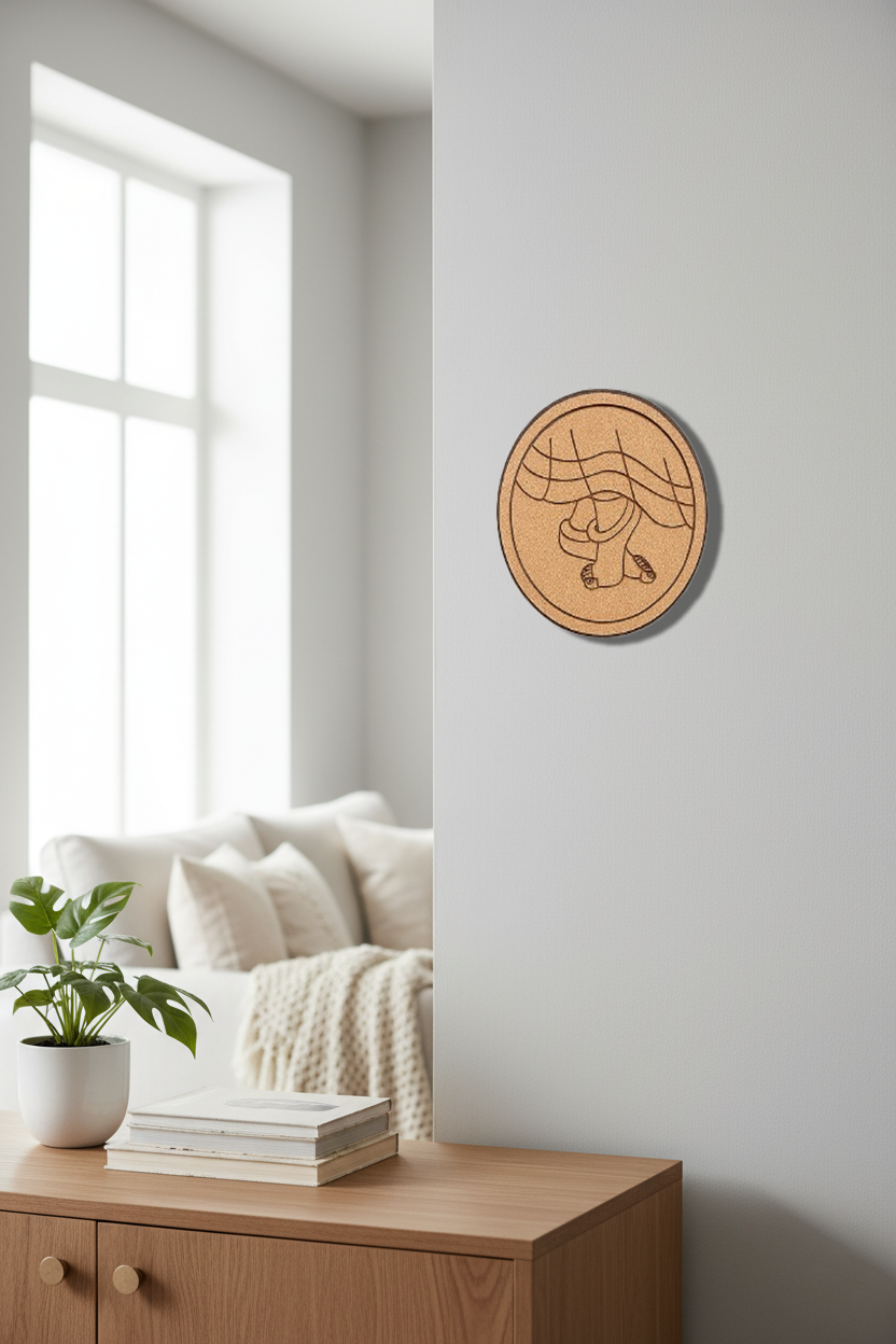MDF feet design wall décor on white wall in bright cozy room with chair and books.