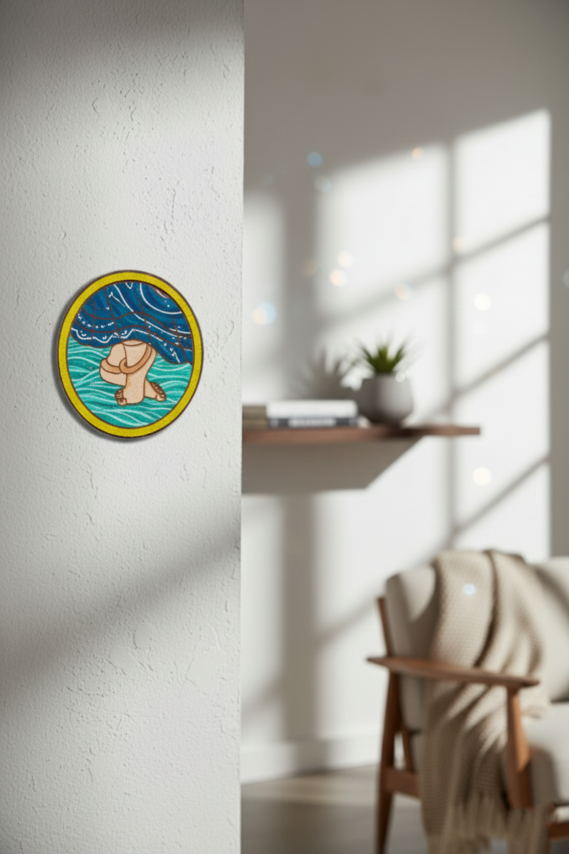 Hand-painted MDF cow and lotus wall art with blue background on white wall.