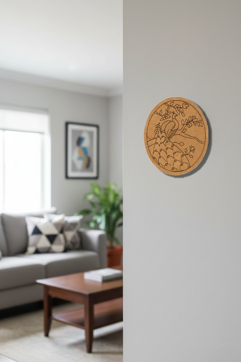 MDF round wall art with peacock design on light gray wall near sofa and coffee table.