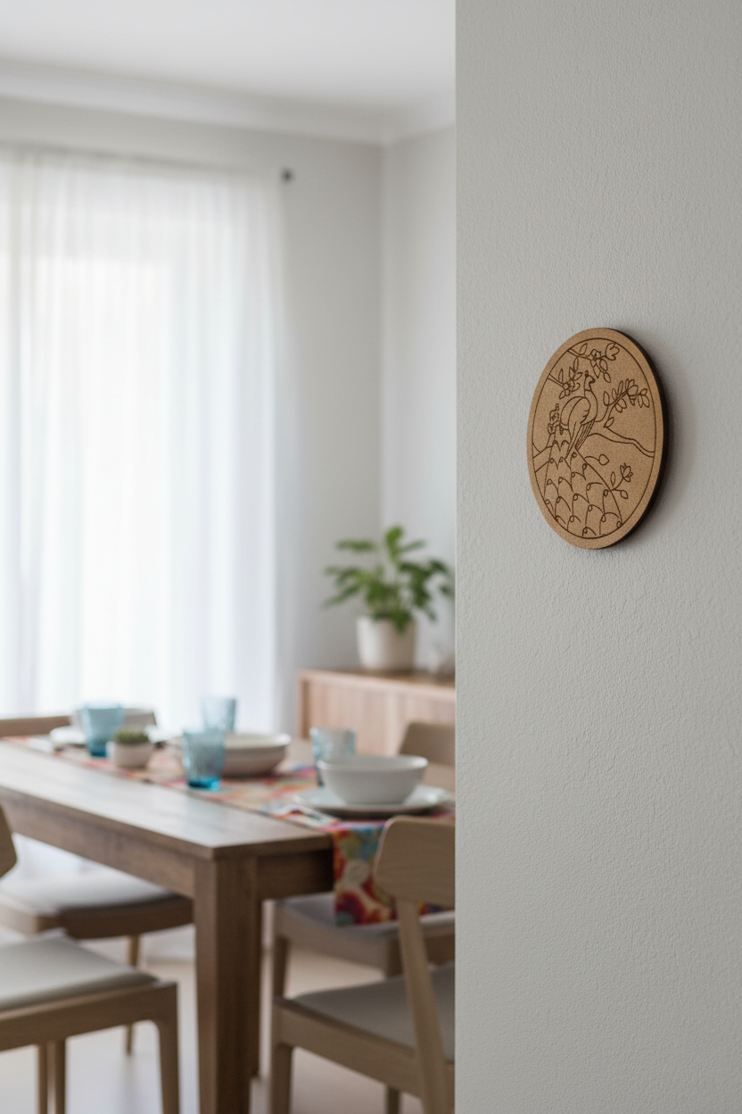 MDF round wall art with feet design on dark wooden wall near window and plants.